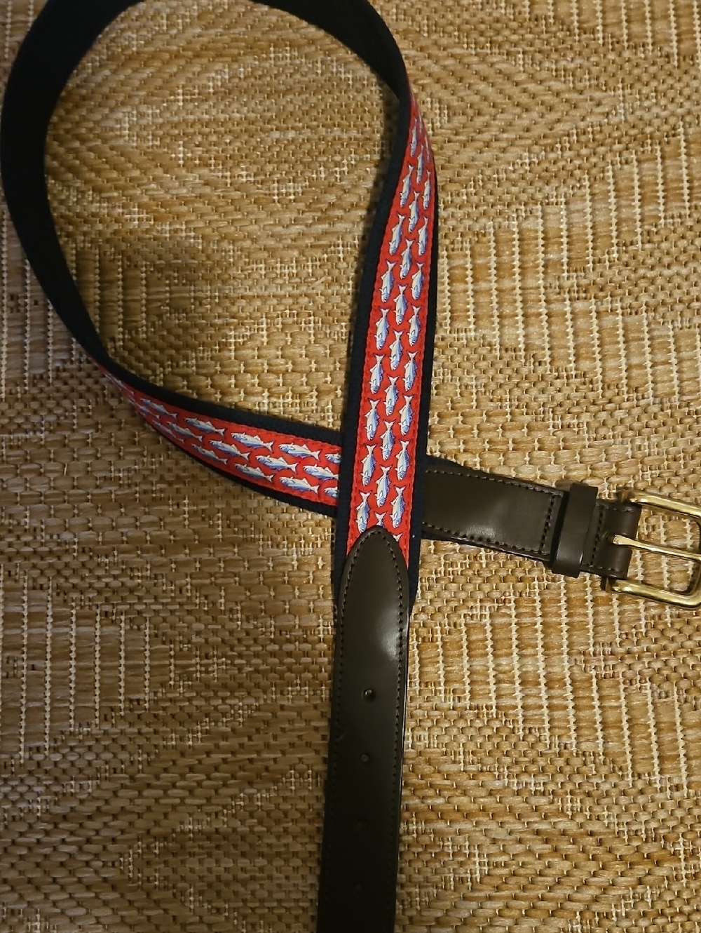 Vineyard Vines  Men's Red Embroidered Fish  Webbing Belt with Leather Trim